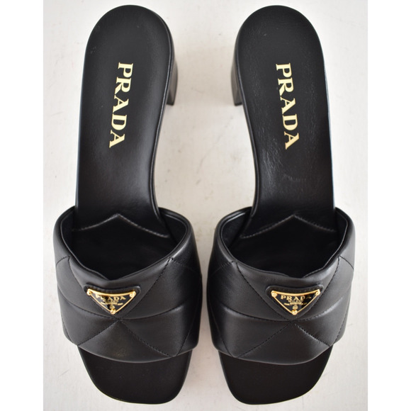 Prada Diagram Quilted Leather Black Gold Logo Slide Sandal Mule Block Heel 39 - Picture 10 of 15